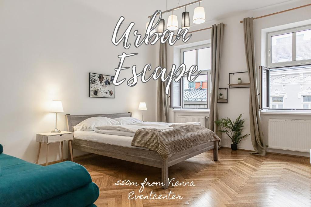 a bedroom with a bed and a sign that reads interior escape at comfortable 2BR Apt.-Near Wiener Stadthalle in Vienna