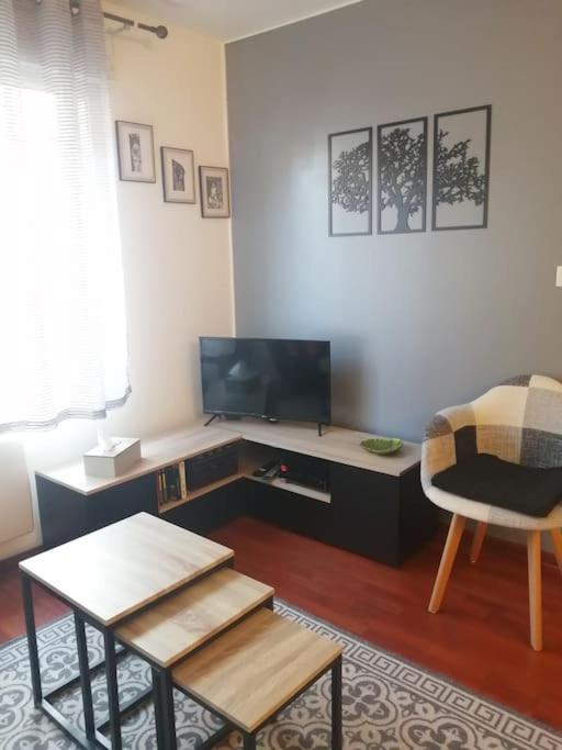 un salon avec une télévision et une table dans l'établissement Fadil, à Valenciennes