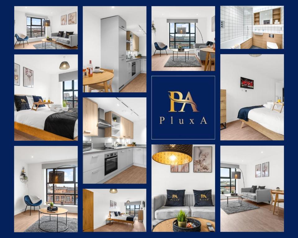 a collage of photos of a white apartment at Pluxa Onyx Luxury 1 bedroom apartment in Birmingham