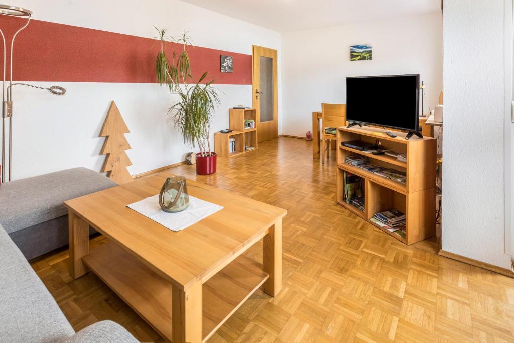 uma sala de estar com um sofá, uma mesa e uma televisão em Ferienwohnung Villingen em Villingen-Schwenningen