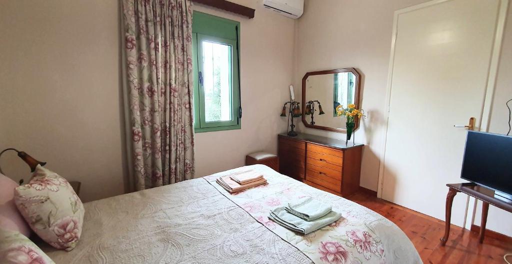 um quarto com uma cama com um espelho e uma cómoda em Best House, Green Home, Elaiofyto Village, Agrinio, Aitoloakarnania 