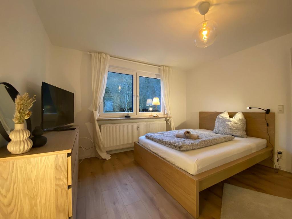 a bedroom with a bed and a tv and a window at Gemütliches Apartment am Waldrand in Haiterbach