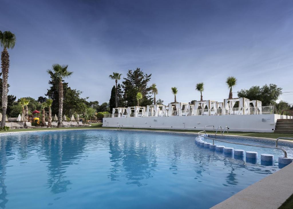 a large swimming pool with palm trees in the background at Hotel Ankaa - Adults Only over 14 in Porto Cristo