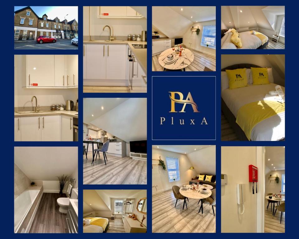 a collage of pictures of a kitchen and a bedroom at Pluxa Lemon Quartz - Wi-Fi, Workspace, Parking, in Sutton in Sutton