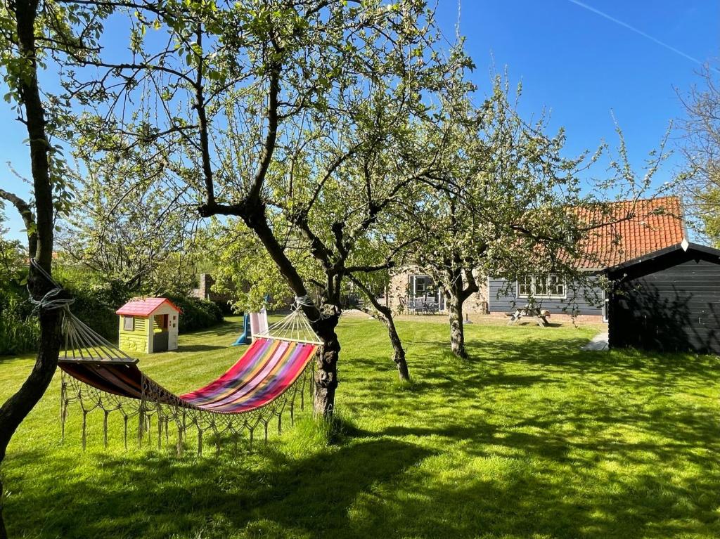 een hangmat in een grasveld met bomen bij Vakantiehuis 't Boerderietje in Koudekerke
