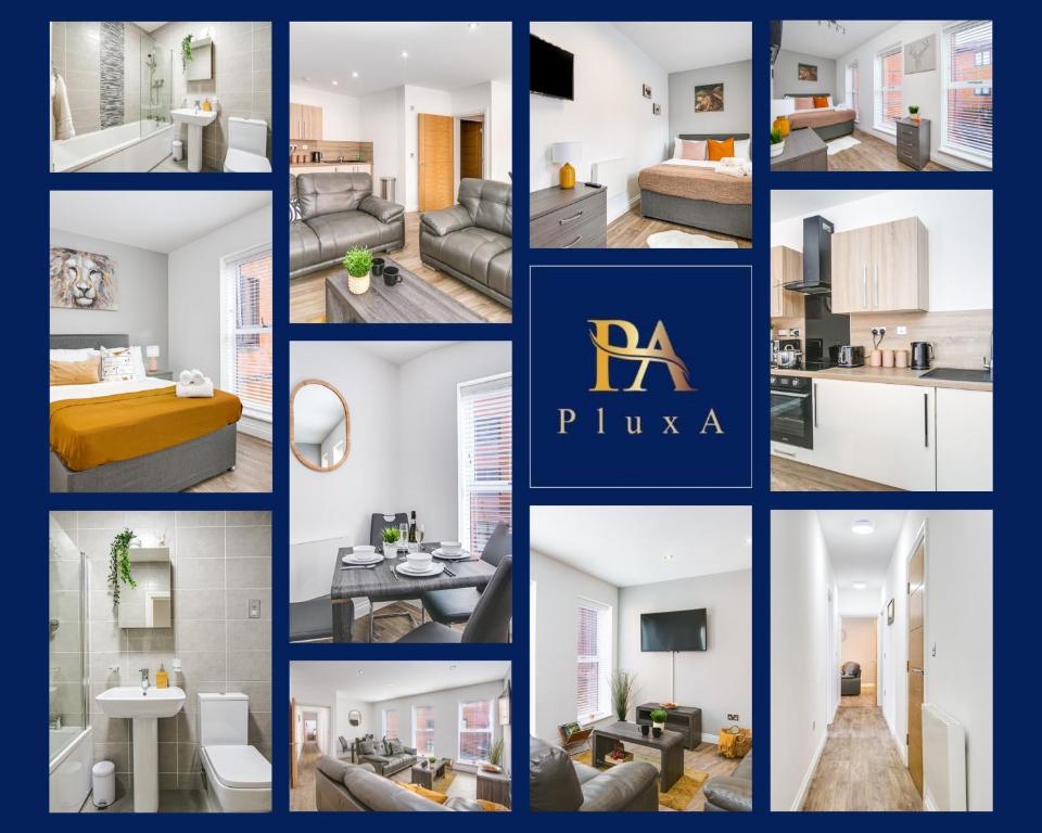 un collage de fotos de una sala de estar en Pluxa The Hideaway - Fully private serviced apartment & parking, en Birmingham
