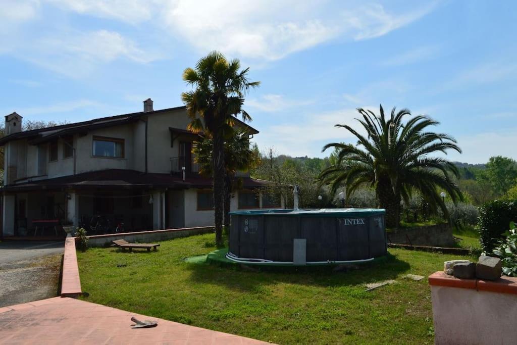 een huis met een hot tub in een tuin met palmbomen bij Casa vacanze in famiglia in San Leucio del Sannio