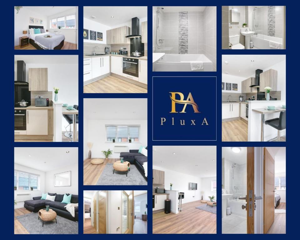 a collage of photos of a kitchen and living room at Pluxa Mint Bliss - Stylish with workspace in Birmingham