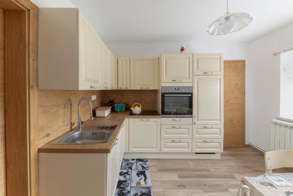 a kitchen with white cabinets and a sink at Počitniška Hiša Pr Martinovih in Postojna