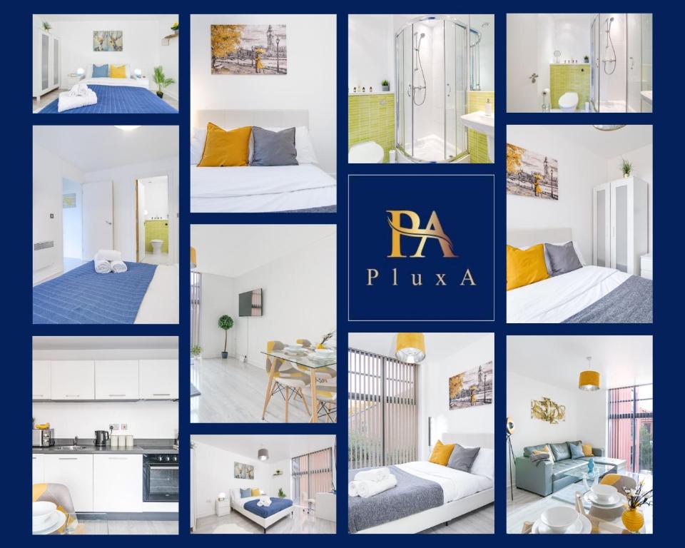 a collage of photos of a room with white walls at Pluxa Waterside Apartment - Stylish 2bathrooms, walk to transit in Birmingham