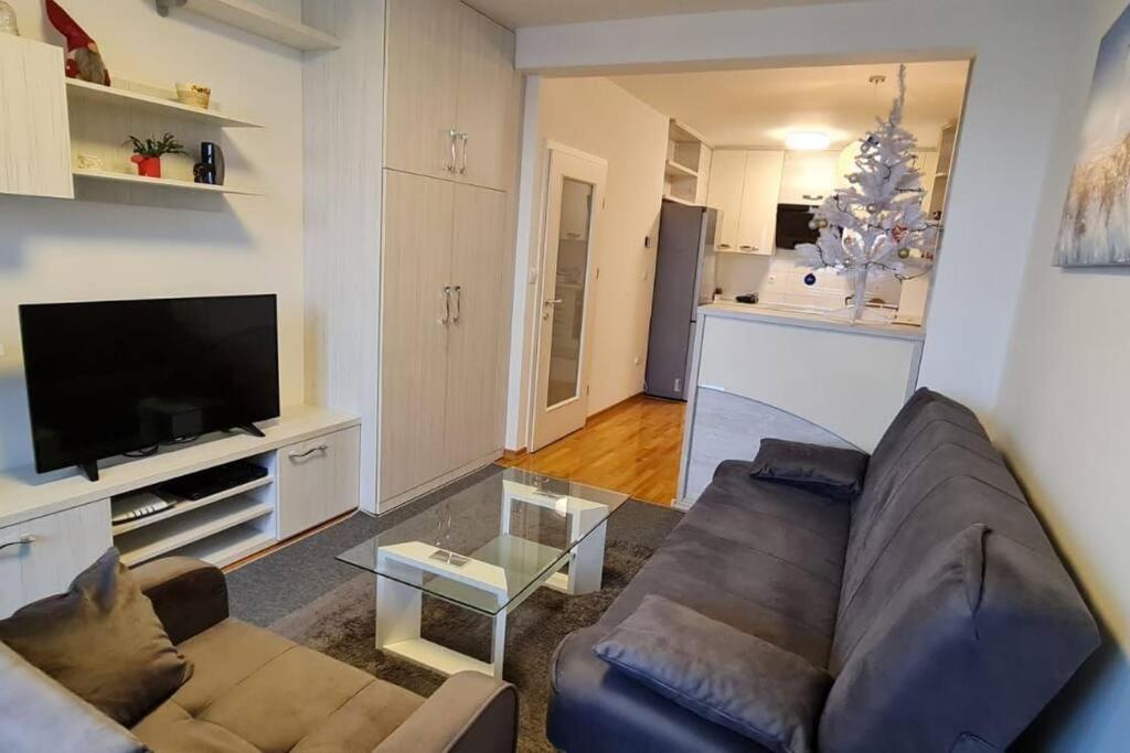a living room with a couch and a television at Apartman Mima in Zagreb