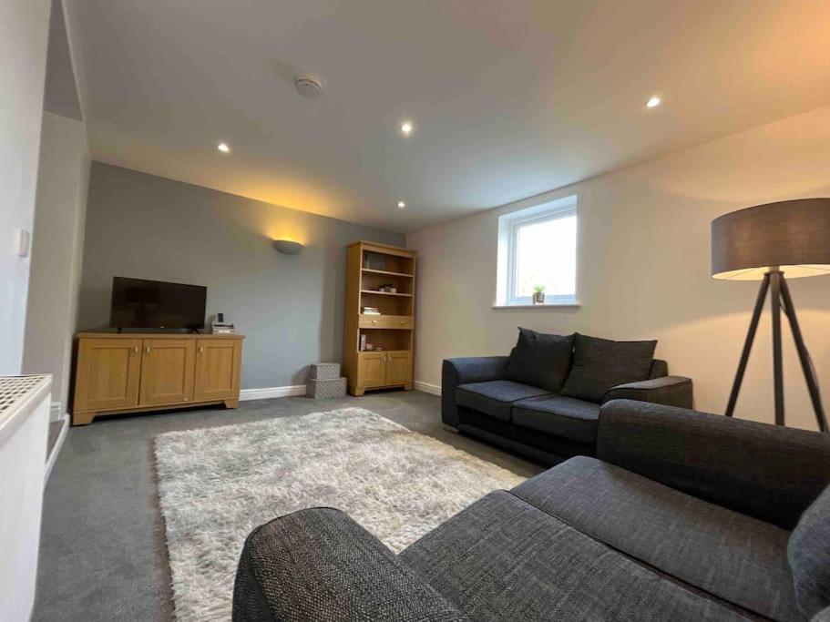 a living room with a couch and a television at Modern 2 BR Flat in Town Centre in Aberystwyth