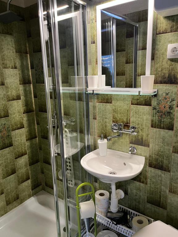uma casa de banho com um lavatório e um chuveiro em Apartmaji pr' Matičo em Kranjska Gora