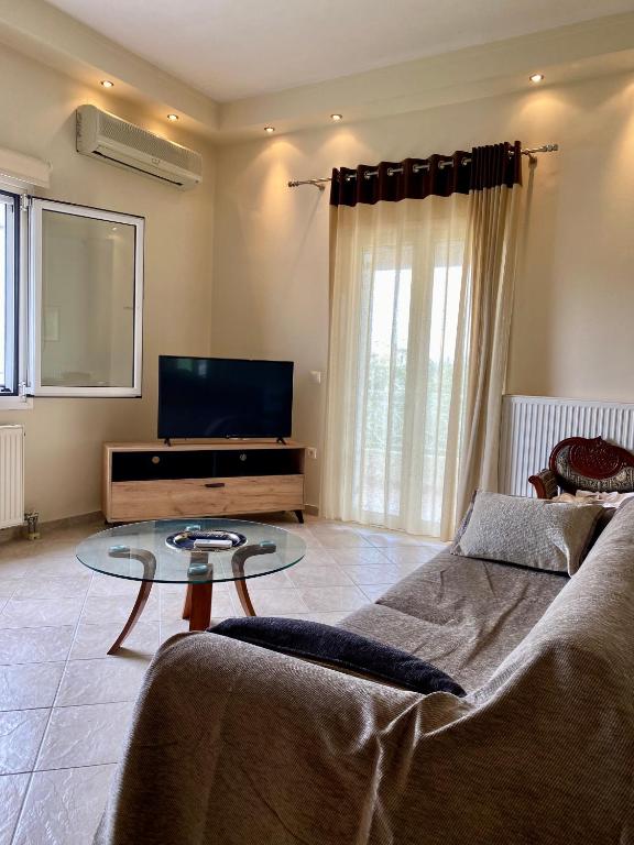 a living room with a couch and a tv at Olive Garden House in Ágios Prokópios