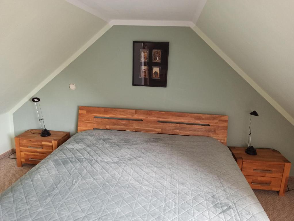 1 dormitorio con 1 cama grande y 2 mesitas de noche en Ferienhaus Liwi, en Liessow