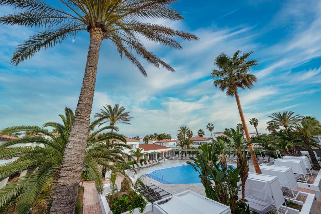 uitzicht op het zwembad en de palmbomen van het resort bij Oassium Hotel - Adults Only in La Pineda