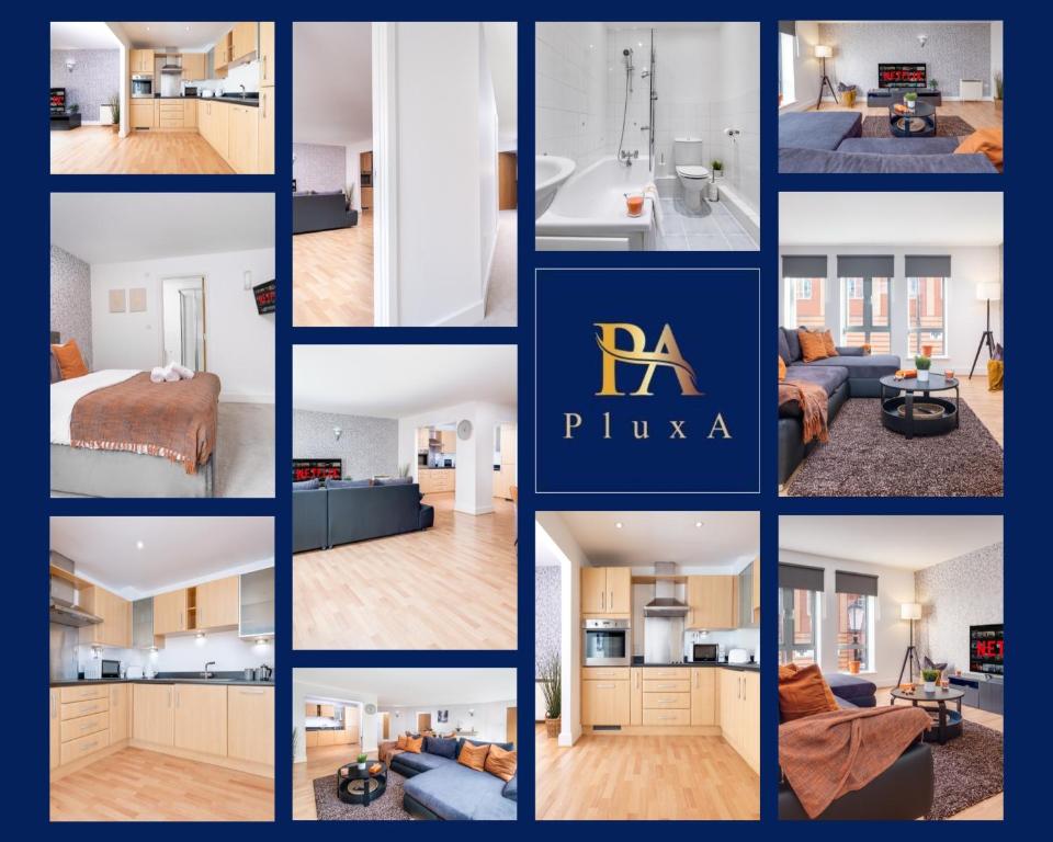 a collage of photos of a house at Pluxa Sunstone Deluxe - Spacious Birmingham City Centre Stay in Birmingham