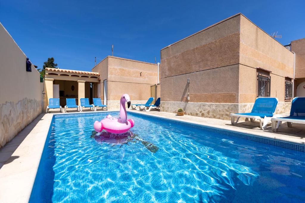 uma piscina com um pato insuflável cor-de-rosa na água em Villa Roberto Ibiza em Sant Josep de sa Talaia