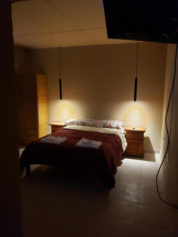 Silvestre في لا ريوخا: غرفة نوم مع سرير في غرفة مع أضواء