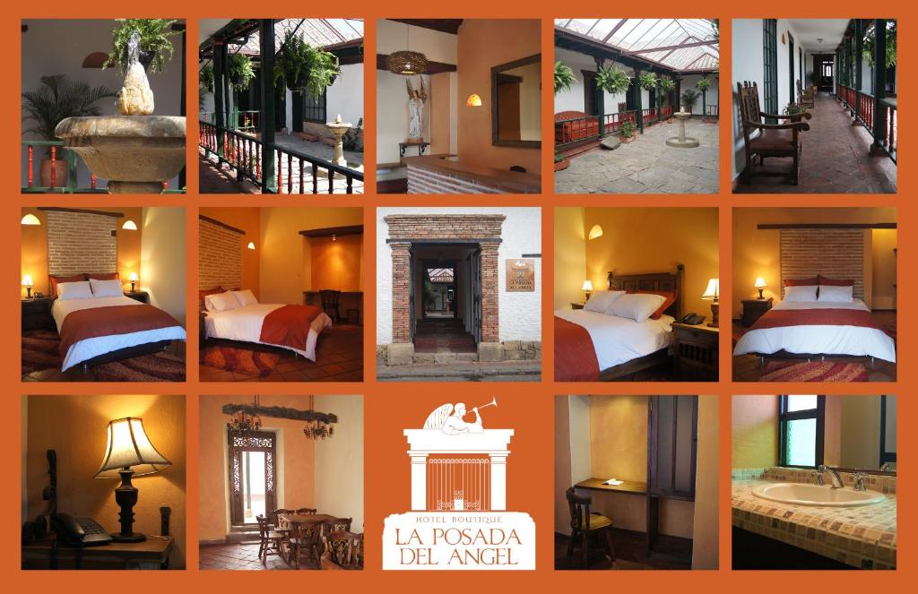 a collage of pictures of a hotel room at la posada del angel in Zipaquirá