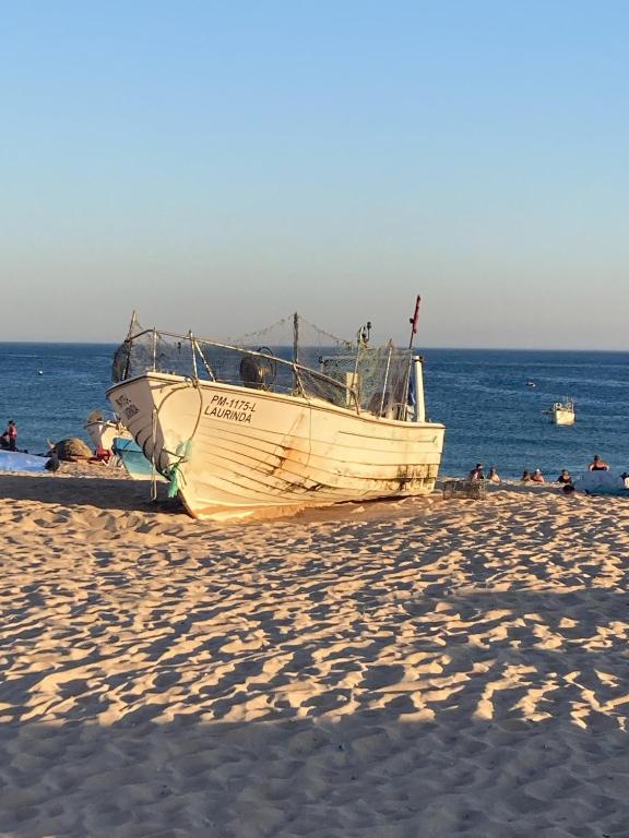a boat sitting on a beach next to the ocean at 233 Casa Galo Verde Apartments in Porches