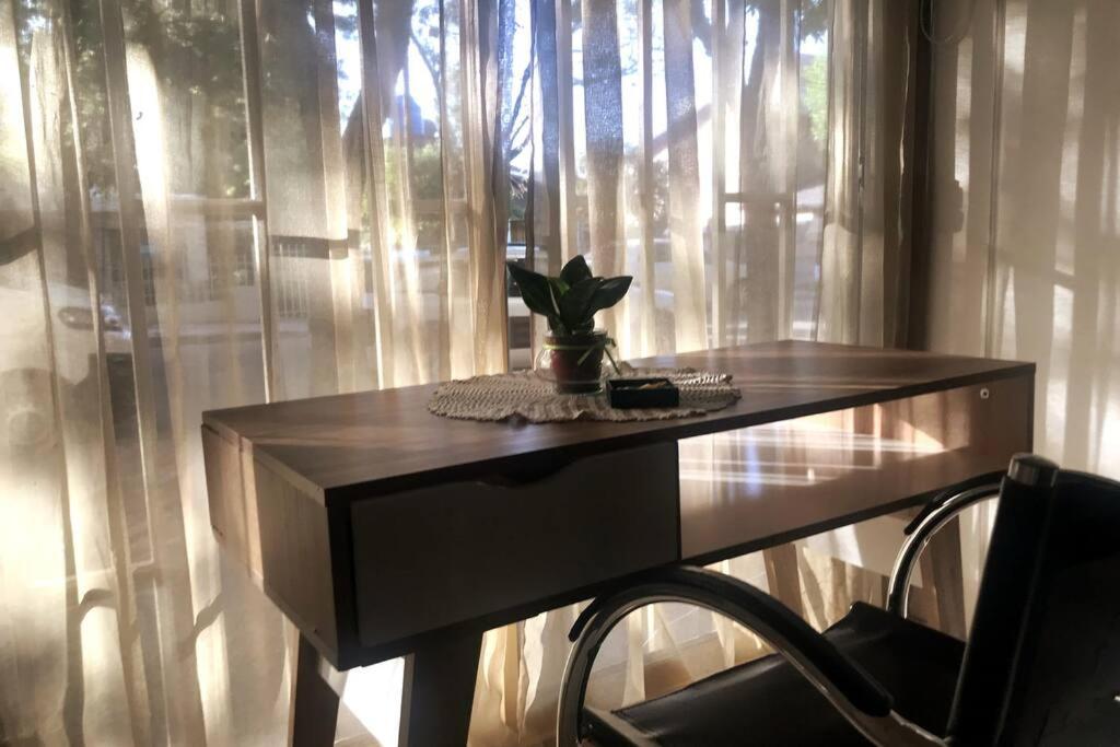 une table devant une fenêtre avec une plante en pot dans l'établissement Cálido Loft con pileta cerca del centro., à Villa Carlos Paz