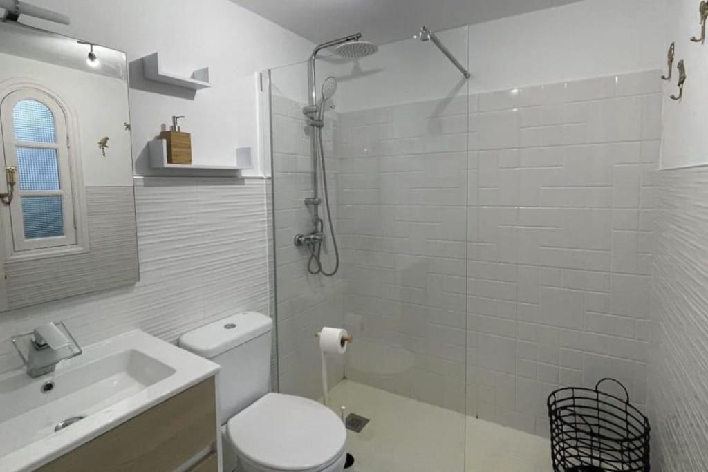 a bathroom with a shower and a toilet and a sink at MAREZIA in Corralejo