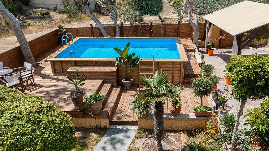 - une piscine dans une cour avec des plantes en pot dans l'établissement Selana House with outdoor pool, à Kos
