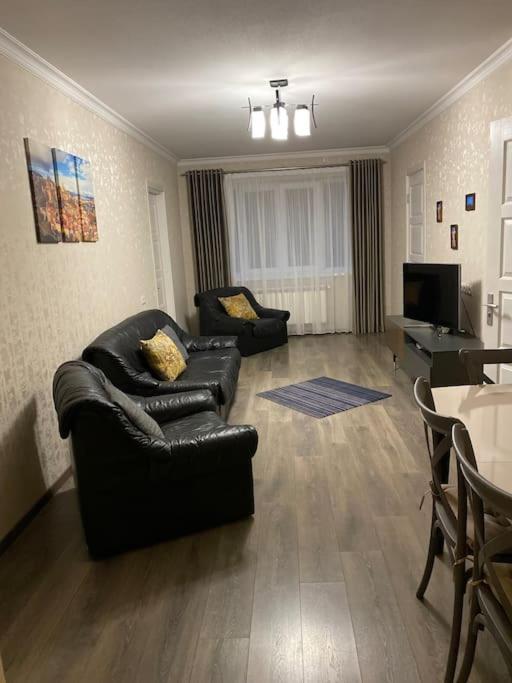 Nice apartment في Pʼonichala: غرفة معيشة مع أريكة جلدية سوداء وتلفزيون