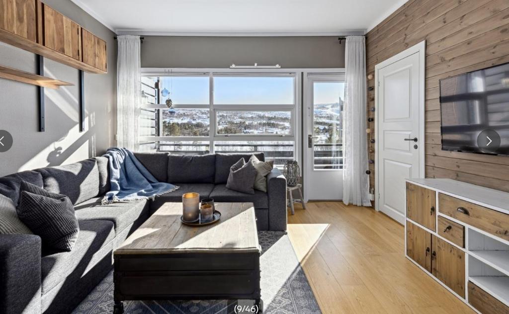 a living room with a couch and a tv at Geilo sentrum for 4 personer in Geilo