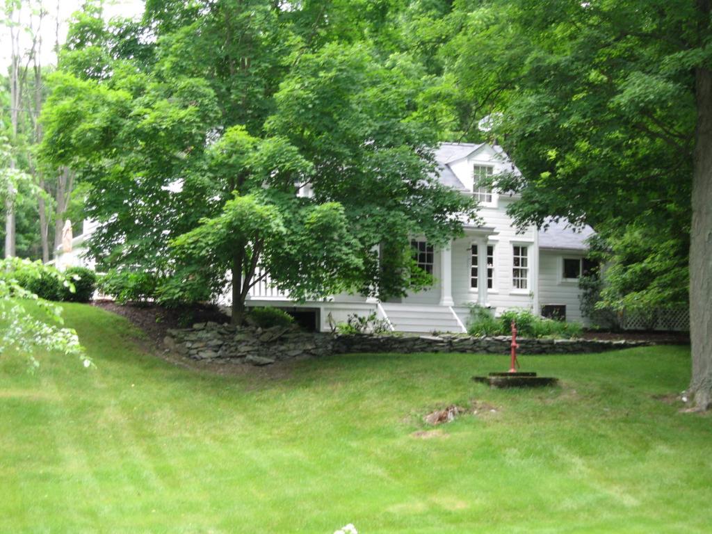 una casa blanca con un árbol y un patio en B&B on seven acres with private bed & bath, en Clinton Corners
