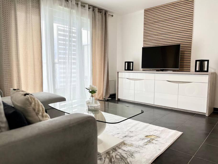 a living room with a couch and a television at Appartement T2 vue panoramique sur Annecy in Seynod