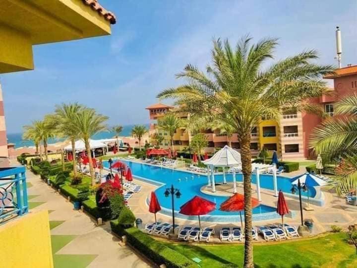 um resort com uma piscina com palmeiras em Sun studios in porto south beach families only em Ain Sokhna