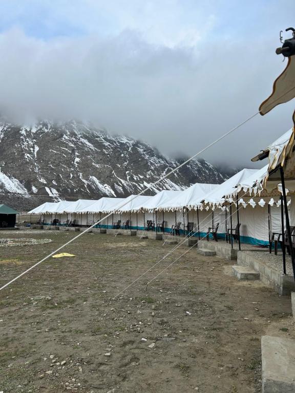 una fila de tiendas blancas con montañas en el fondo en Bhrigu Camps en Jispa