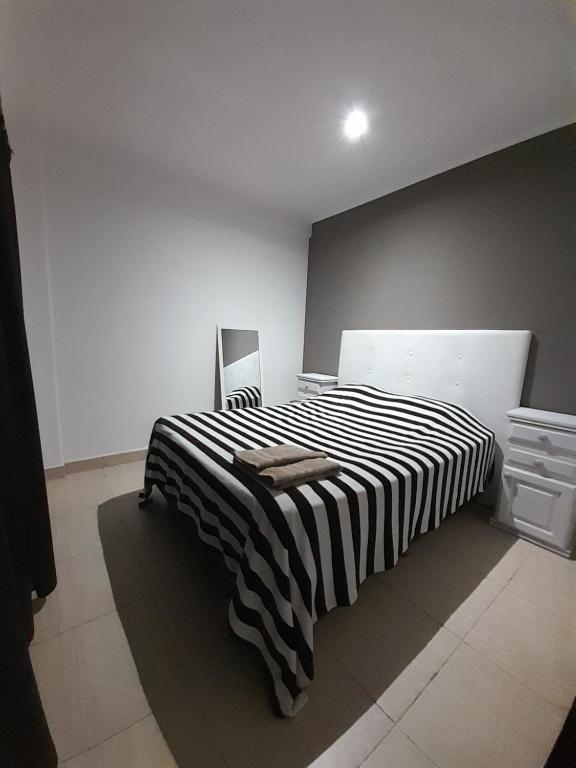 a bedroom with a black and white striped bed at DEPARTAMENTO PARA DOS PERSONAS EN ZONA CENTRICA in Zárate