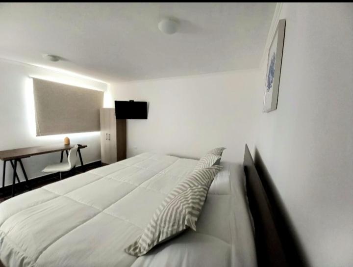 科皮亞波的住宿－Hostal Tabancura，卧室配有一张白色大床和一张书桌