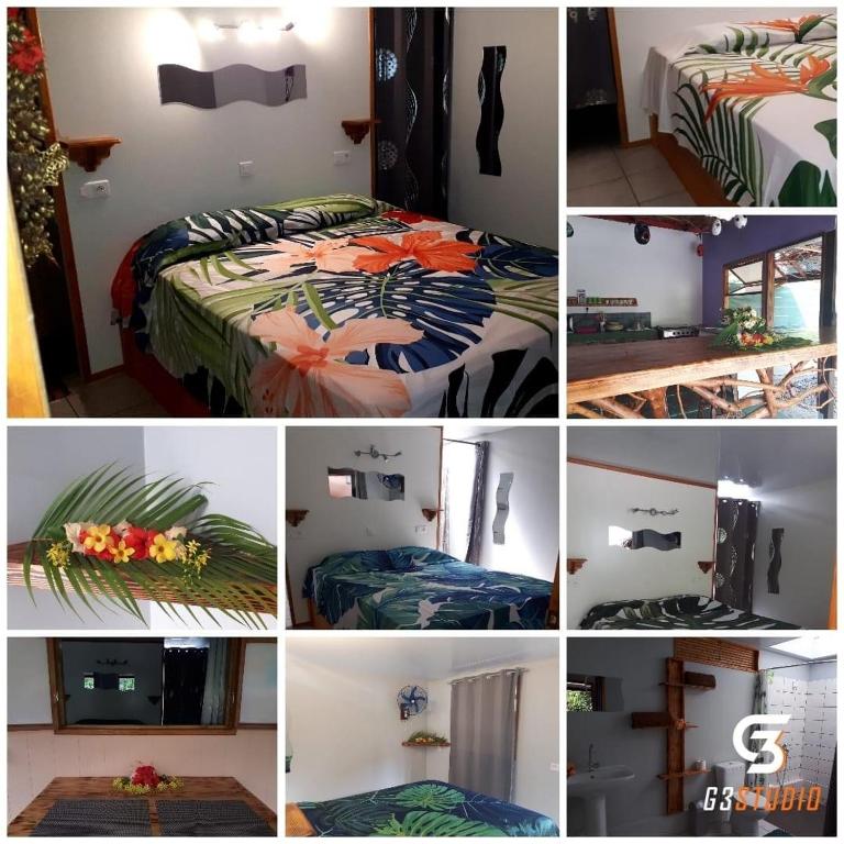 a collage of pictures of a bedroom with a bed at Moorea Vaiare Lodge in Moorea