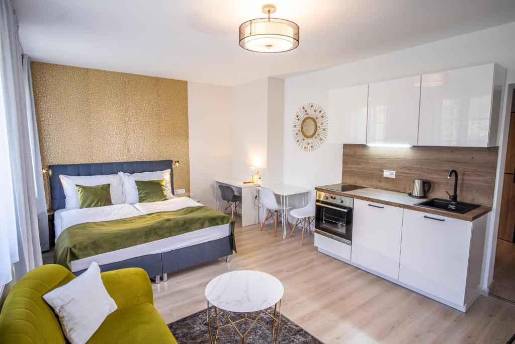 een slaapkamer met een bed, een keuken en een woonkamer bij Boutique Apartments Old Town in České Budějovice