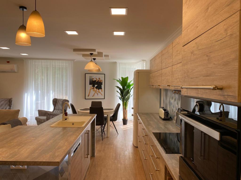 a kitchen with wooden cabinets and a living room at Ground Floor Park Bestern in Szeged