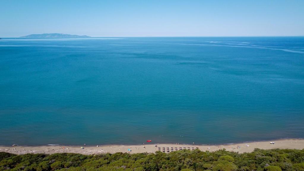 una vista aerea di una spiaggia con persone in acqua di Hotel Le Palme ad Albinia