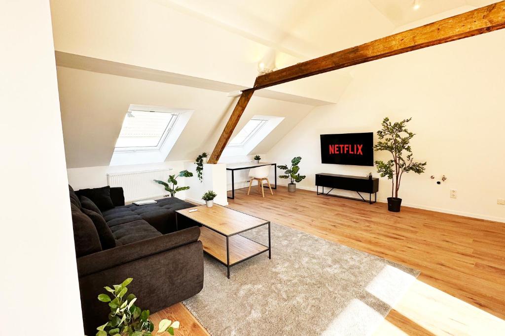 a living room with a couch and a tv at Suite-Apartment zentral in Krefeld mit hohen Decken in Krefeld