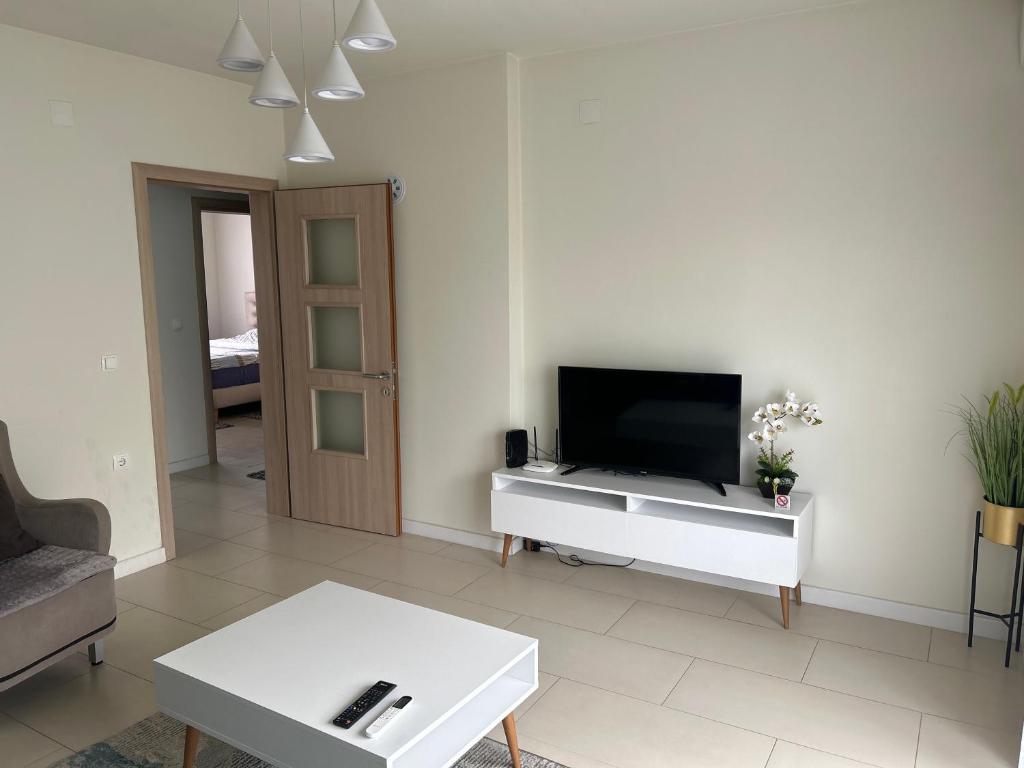 sala de estar con TV de pantalla plana en una pared blanca en Anton Apartment, en Kočani