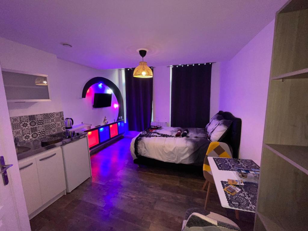 um quarto com uma cama e uma cozinha com luzes roxas em Le cocon du Nil jolie studio em Douai