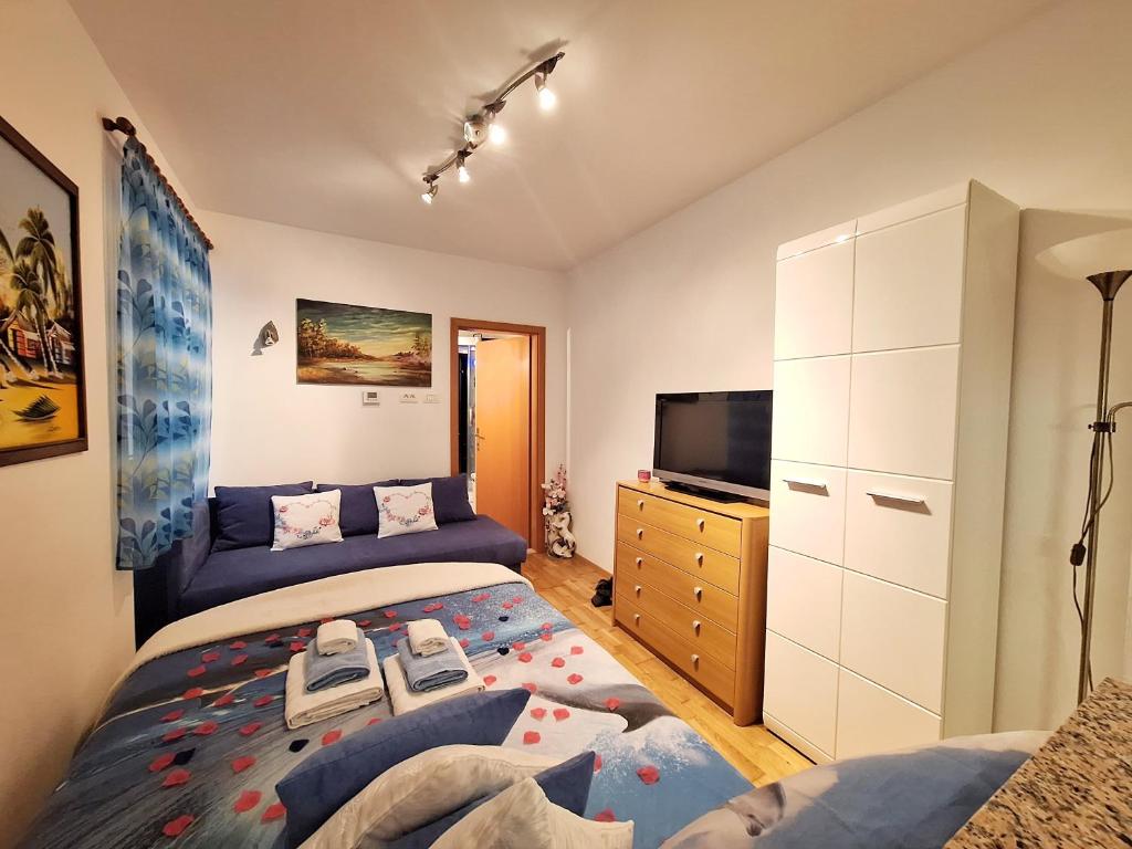 a bedroom with a bed and a television in it at Apartment Taya in Piran