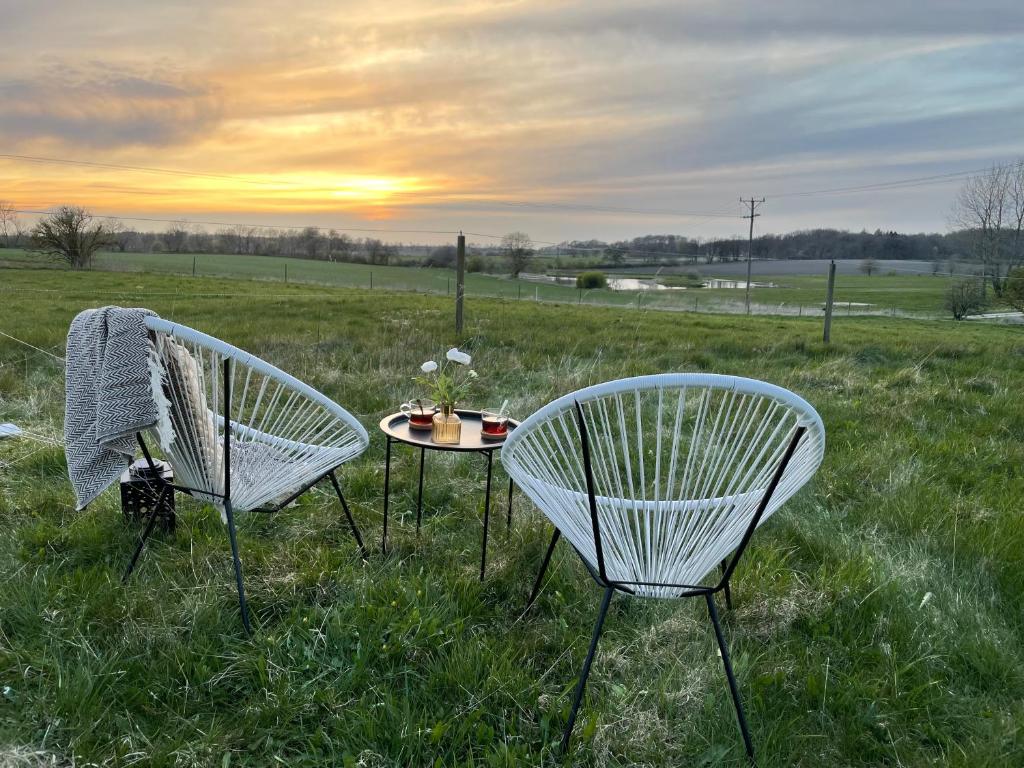 dwa krzesła i stół na środku pola w obiekcie Tullesbo Sätesgård w mieście Sjöbo