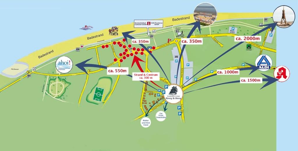 a map of a park with arrows at Hotel Kenny & Henry in Cuxhaven