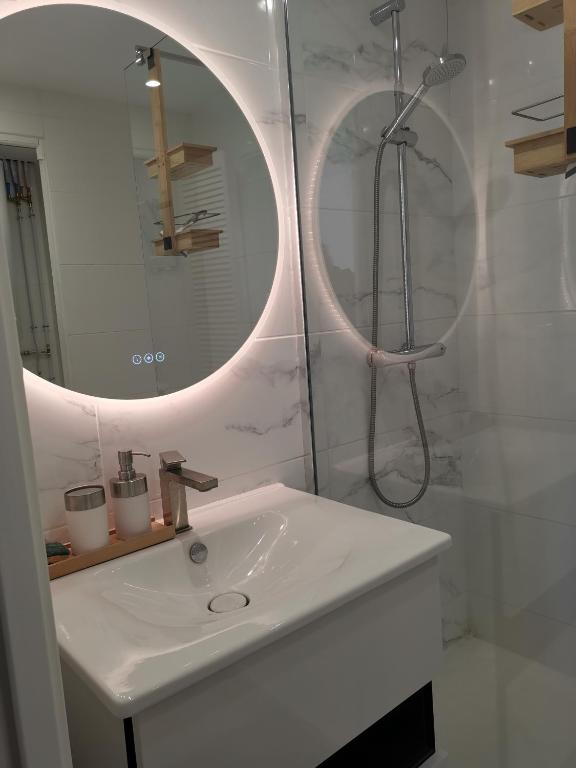 une salle de bain avec un lavabo et une douche avec un miroir dans l'établissement Agay studio, à Saint-Raphaël
