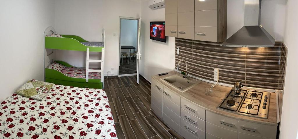 a small room with a kitchen and a bunk bed at Garsoniera la malul marii in Mangalia