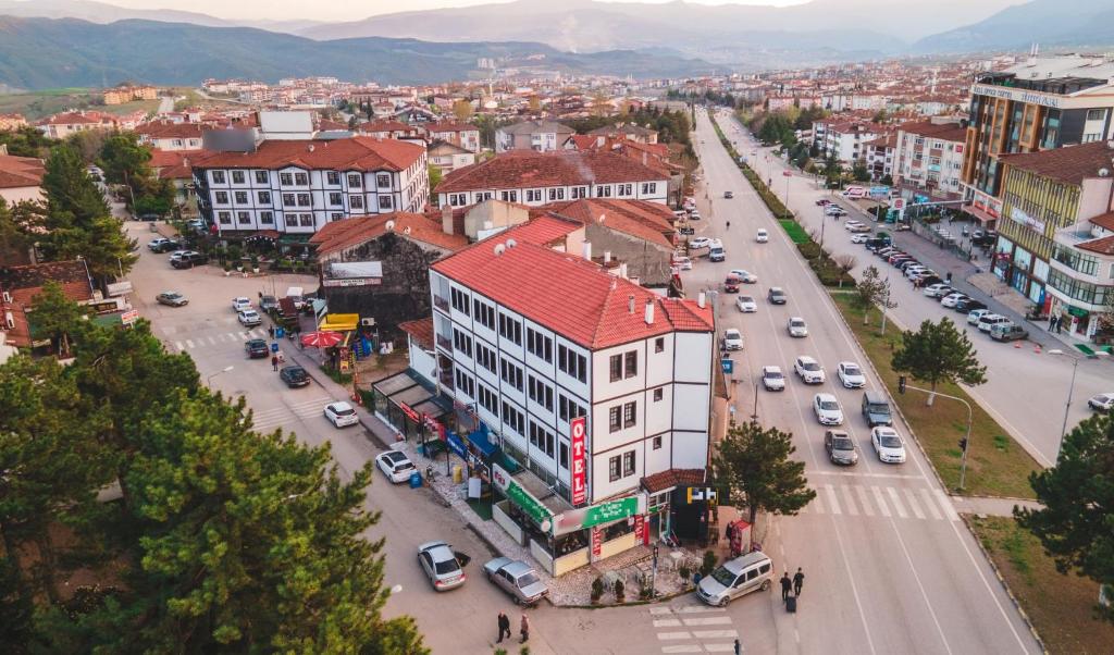 an aerial view of a city with a street with cars at SULTAN SARAY OTEL in Safranbolu