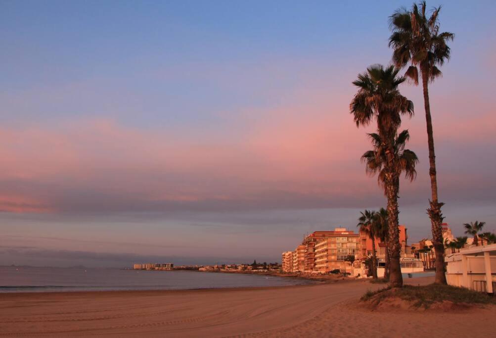 widok na plażę z palmami i budynkami w obiekcie Tesoro del Eden w mieście Torrevieja